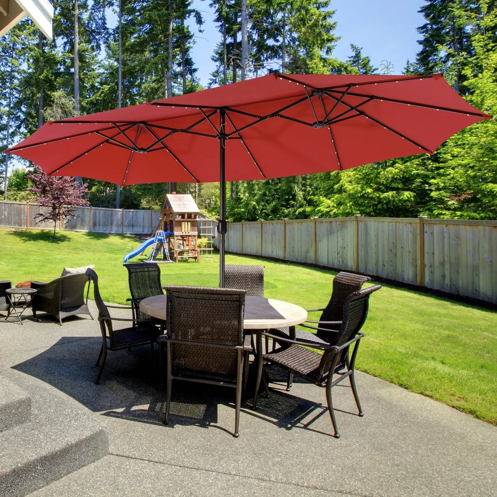 15 Feet Twin Patio Umbrella with 48 Solar LED Lights-Dark Red DirectDeals