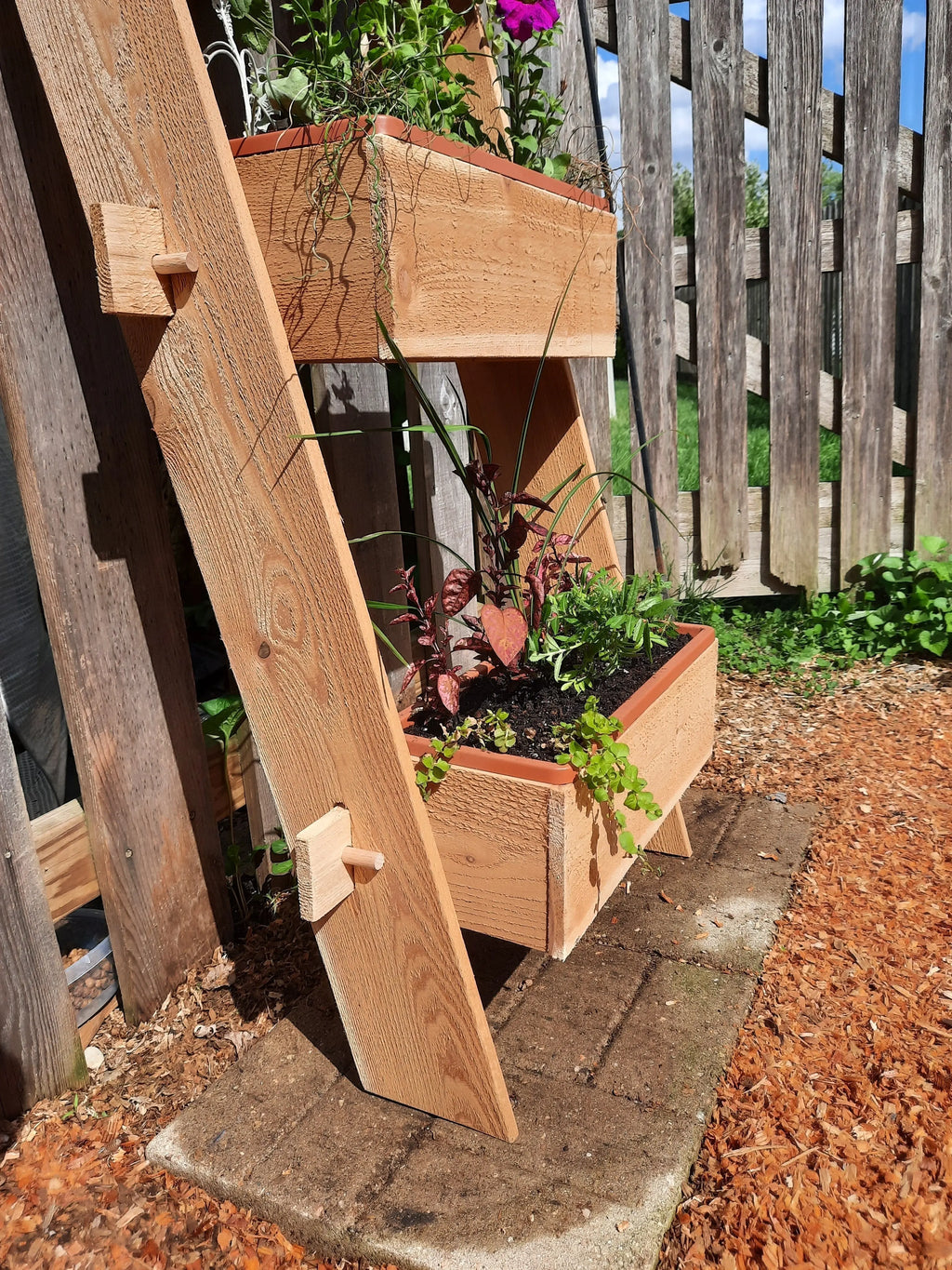 2-Tier Vertical Cedar Ladder Planter Box for Small Spaces Timberlane Gardens