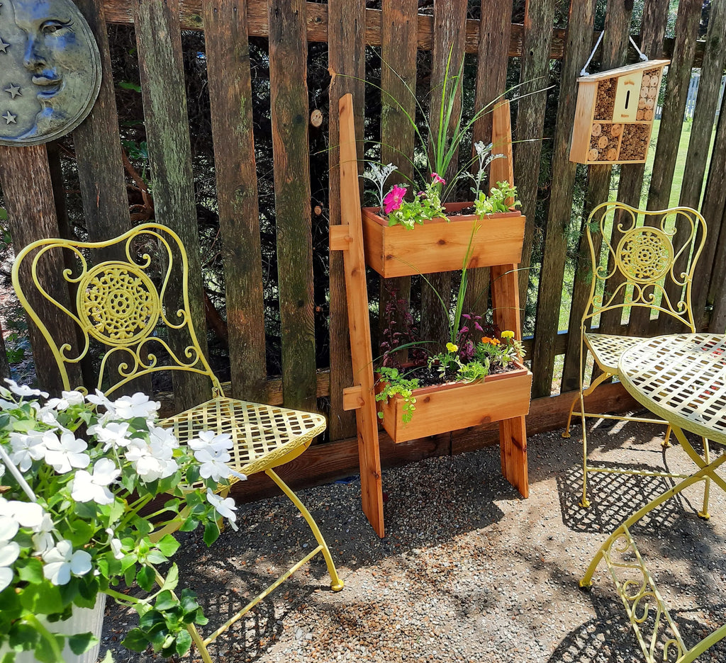 2-Tier Vertical Cedar Ladder Planter Box for Small Spaces Timberlane Gardens