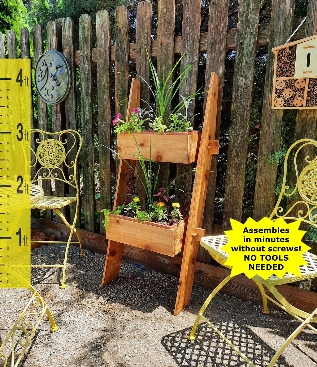 2-Tier Vertical Cedar Ladder Planter Box for Small Spaces Timberlane Gardens