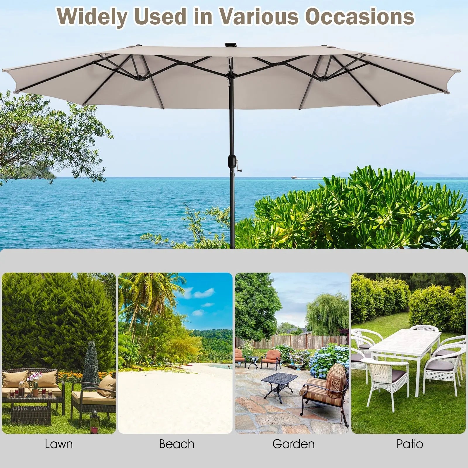 15 Feet Twin Patio Umbrella with 48 Solar LED Lights-Beige DirectDeals