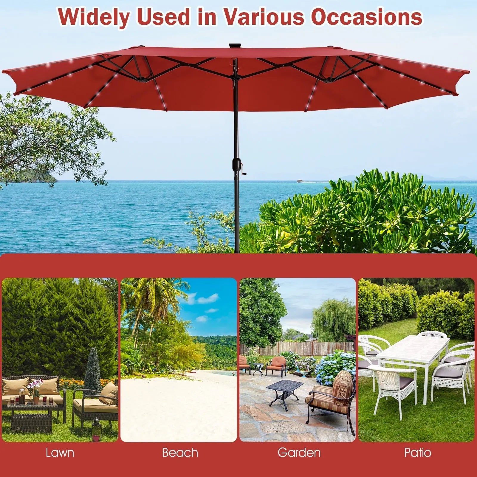 15 Feet Twin Patio Umbrella with 48 Solar LED Lights-Dark Red DirectDeals