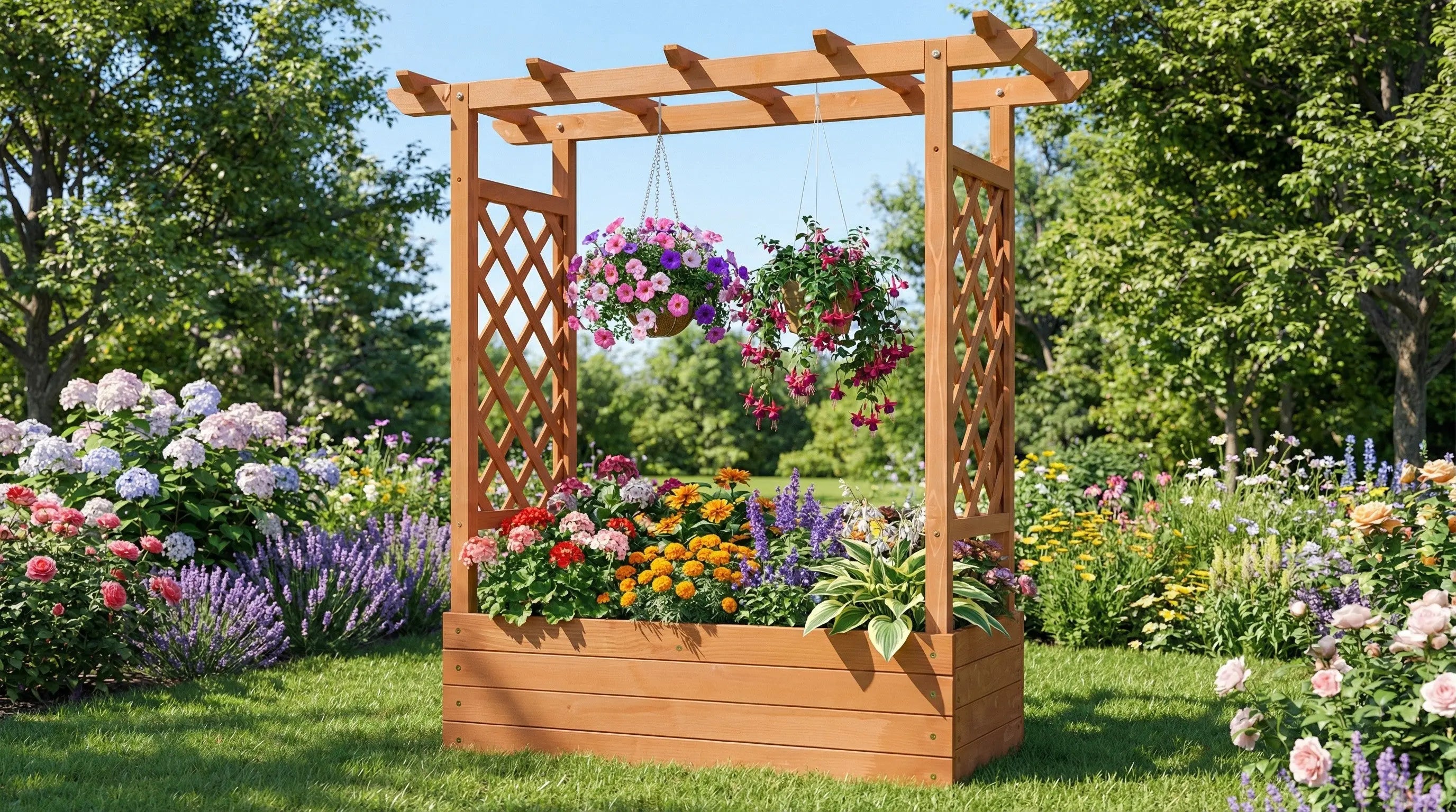 Raised Wooden Planter Box with Tall Trellis for Climbing Plants 2Dropme