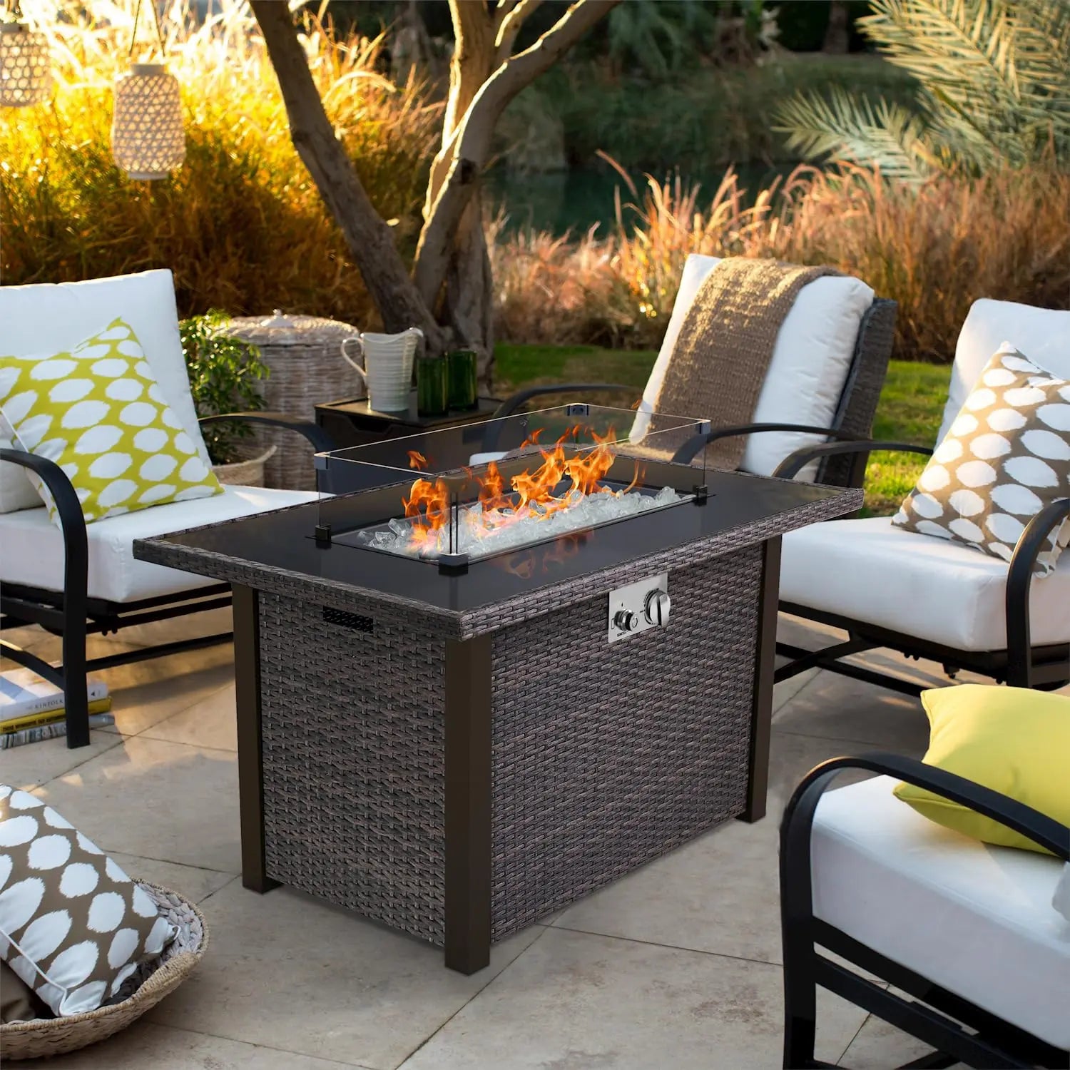 Wicker-Woven Propane Gas Fire Pit Table 44" | Outdoor Propane Fire Pit Tables for Outside Patio 50000 BTU | CSA Approved Rectangular Fire Pit Table | Balcony, Backyard & Garden Outdoor Firepit Table Sunneday