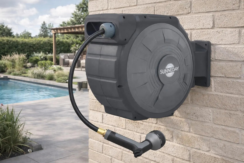 Sunneday Retractable Hose Reel | Automatic Retractable Hose Reel w/Wall Mount | Easy to Assemble Water Hose Reel w/Flexible Swivel Mount | Retractable Garden Hose Reel (100ft. 5/8", 100ft. 1/2", 75ft. 1/2"Gray/Dark Grey) Sunneday