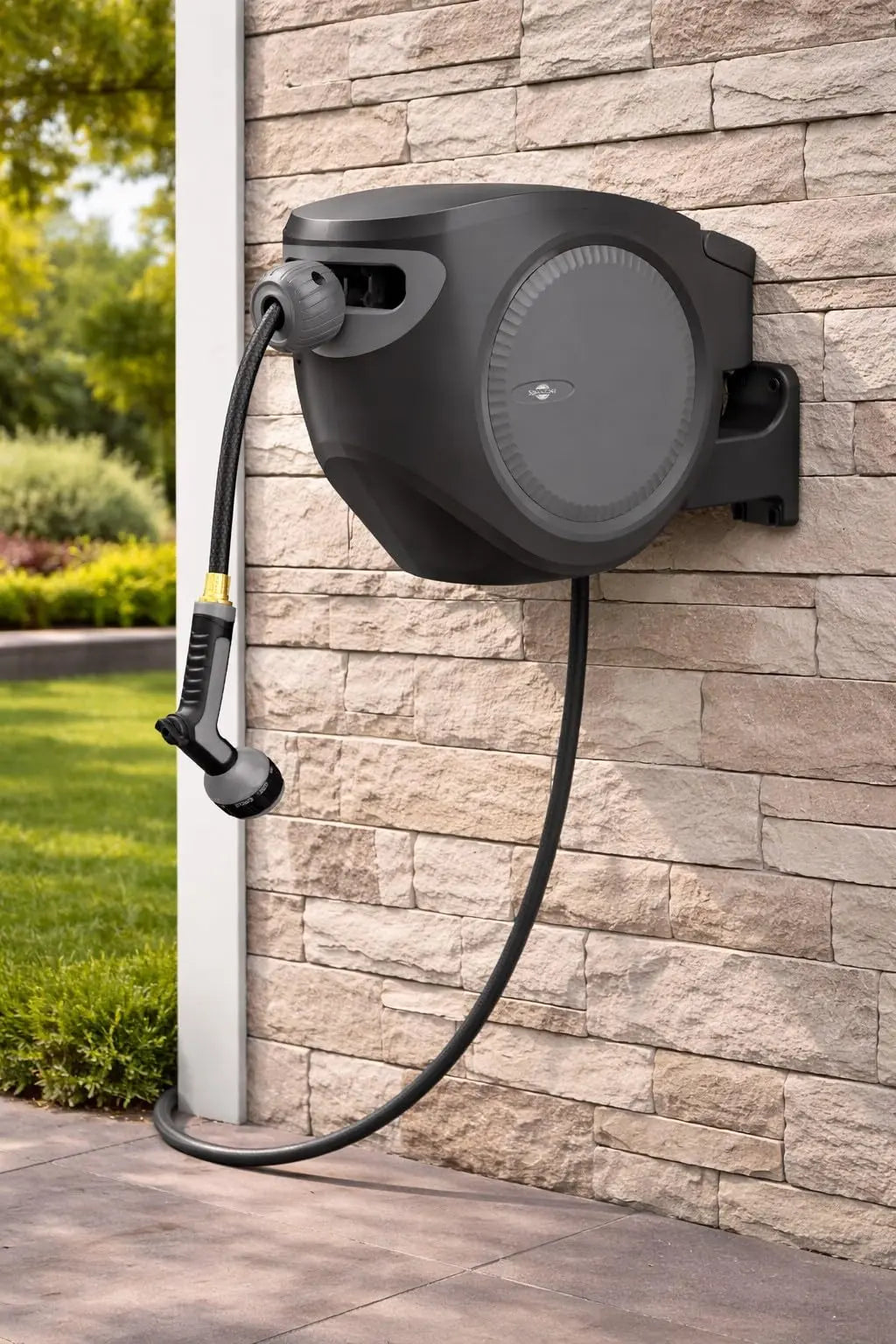 Sunneday Retractable Hose Reel | 75 ft 1/2" | Auto Rewind | 180° Swivel Wall Mount | Multi-Pattern Nozzle | Black/Gray - Sunneday LLC