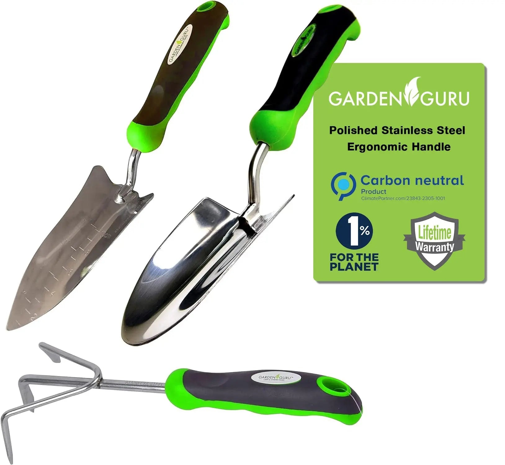 Stainless Steel 3pc Gardening Tool Set (Includes Trowel Transplanter Cultivator) Garden Guru