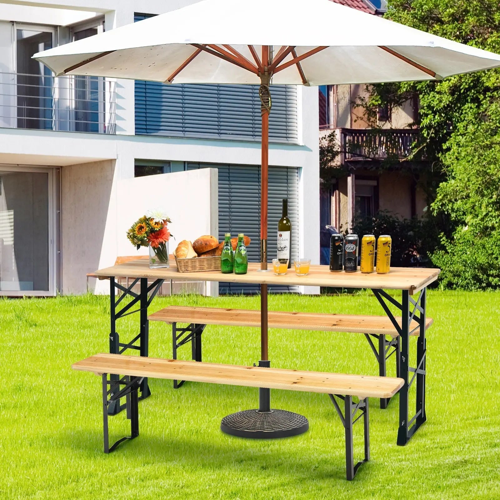 66.5 Inch Outdoor Wood Folding Picnic Table with Adjustable Heights DirectDeals