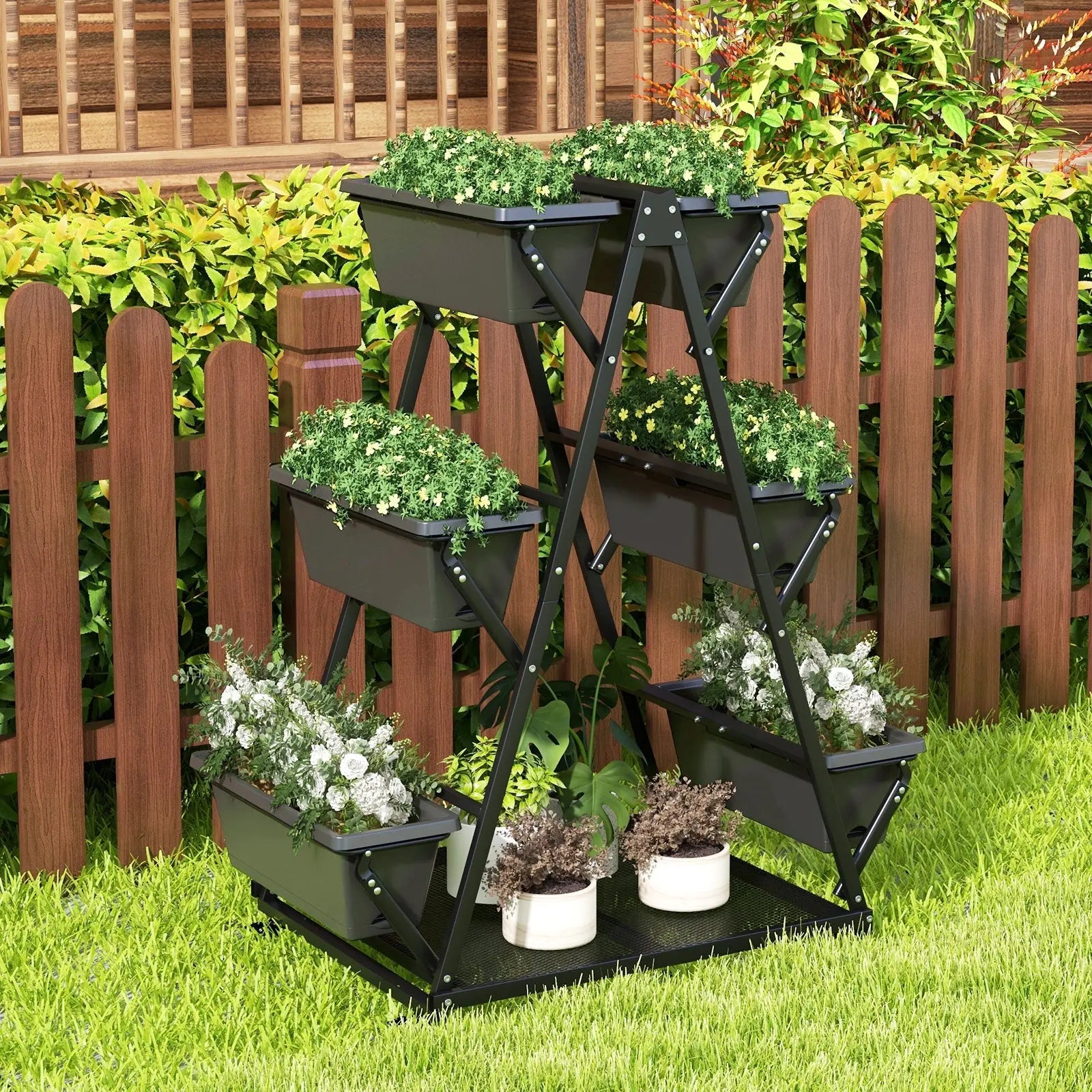 3-Tier Vertical Raised Garden Bed with 4 Wheels and 6 Container Boxes-Black DirectDeals