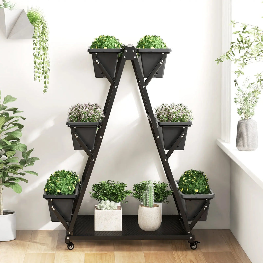 3-Tier Vertical Raised Garden Bed with 4 Wheels and 6 Container Boxes-Black DirectDeals