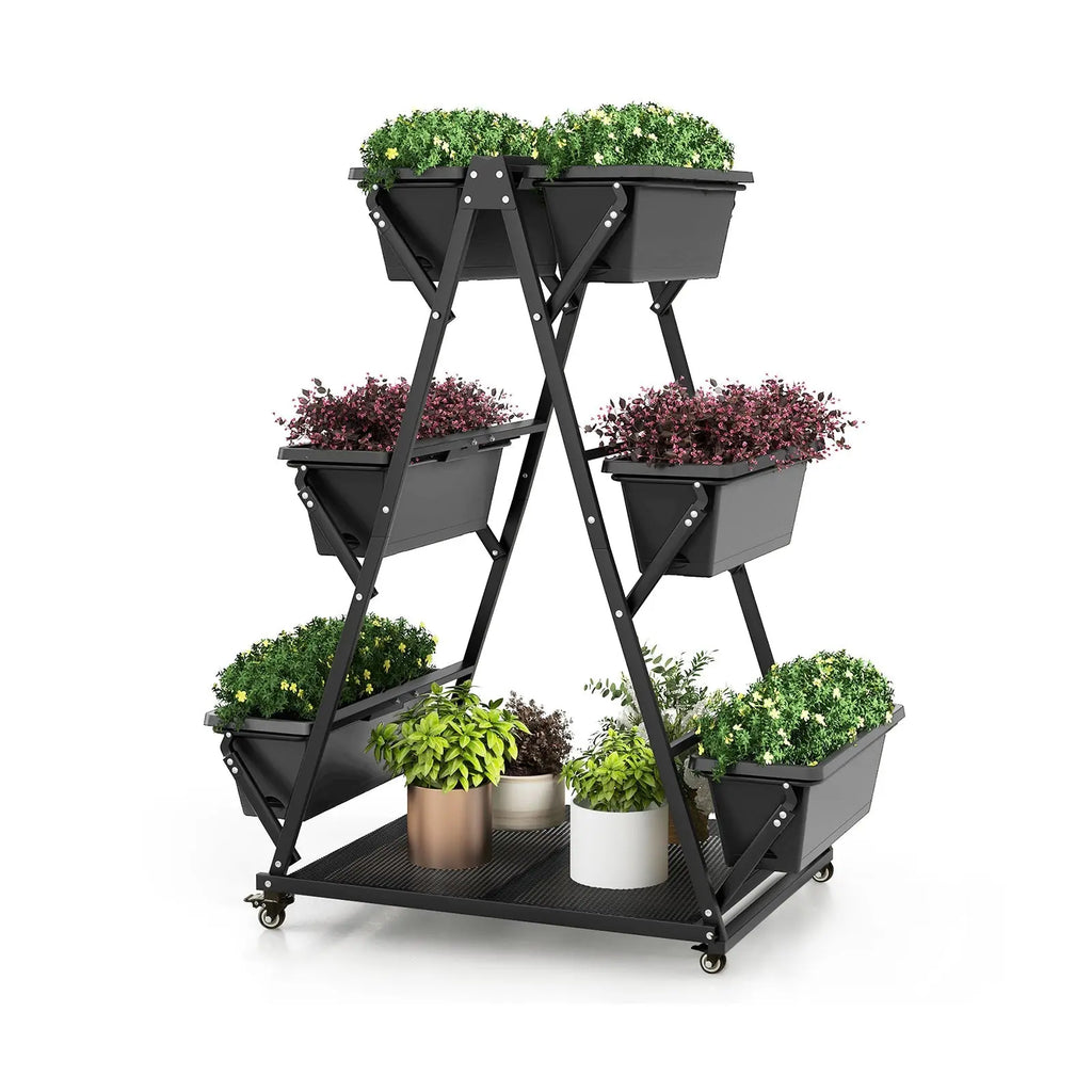 3-Tier Vertical Raised Garden Bed with 4 Wheels and 6 Container Boxes-Black DirectDeals