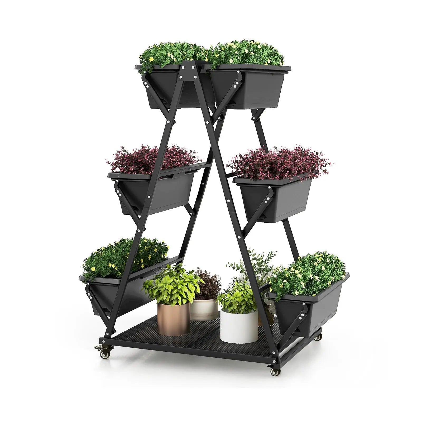 3-Tier Vertical Raised Garden Bed with 4 Wheels and 6 Container Boxes-Black DirectDeals