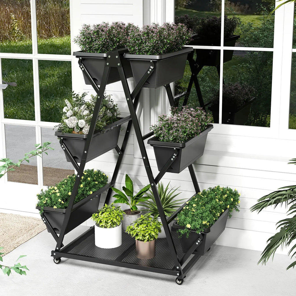 3-Tier Vertical Raised Garden Bed with 4 Wheels and 6 Container Boxes-Black DirectDeals