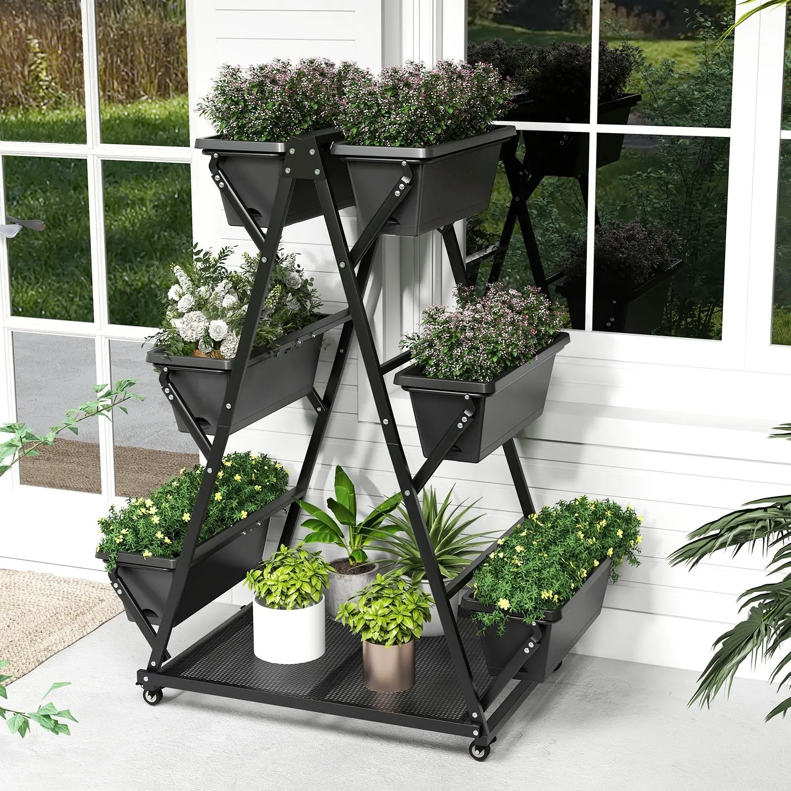 3-Tier Vertical Raised Garden Bed with 4 Wheels and 6 Container Boxes-Black DirectDeals
