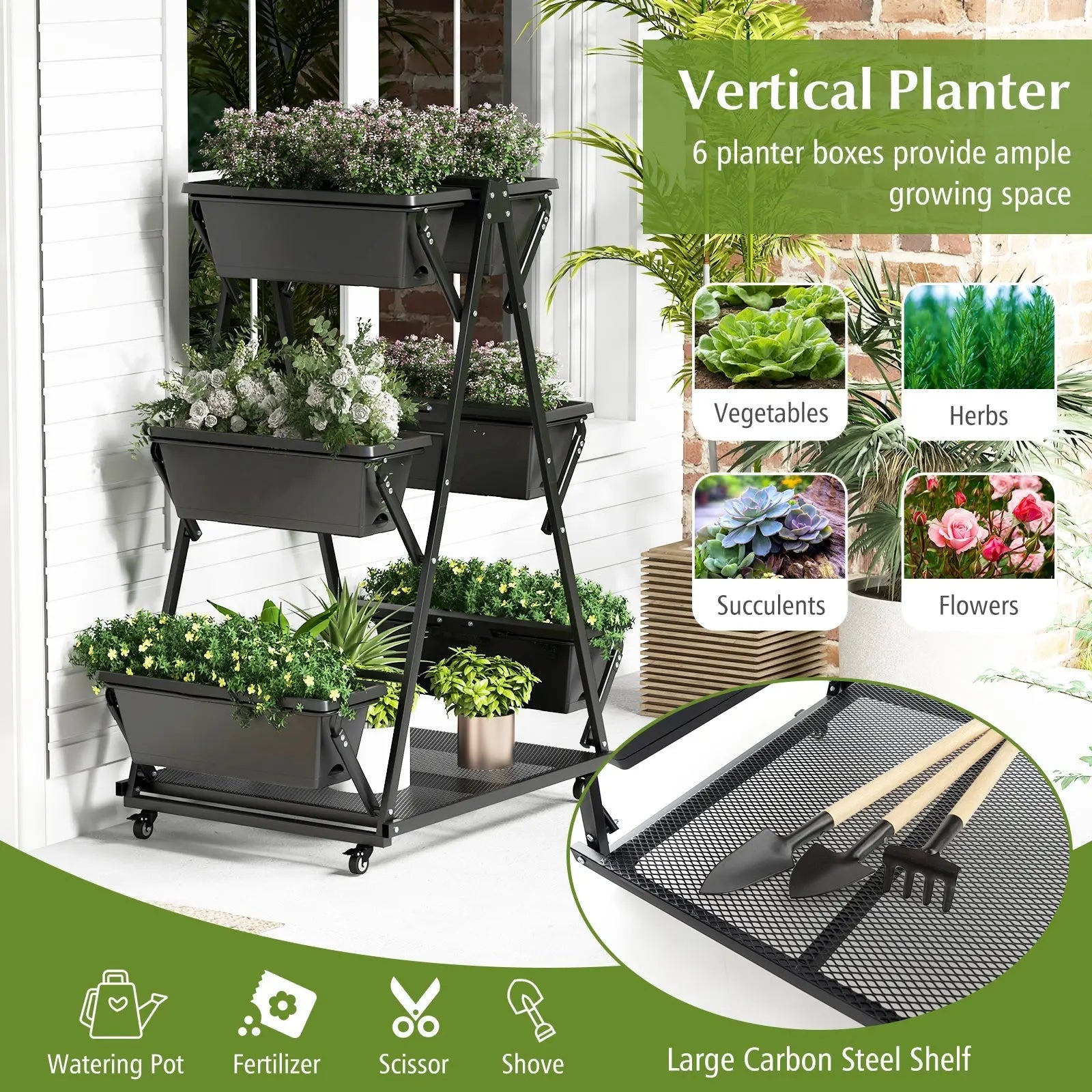 3-Tier Vertical Raised Garden Bed with 4 Wheels and 6 Container Boxes-Black DirectDeals