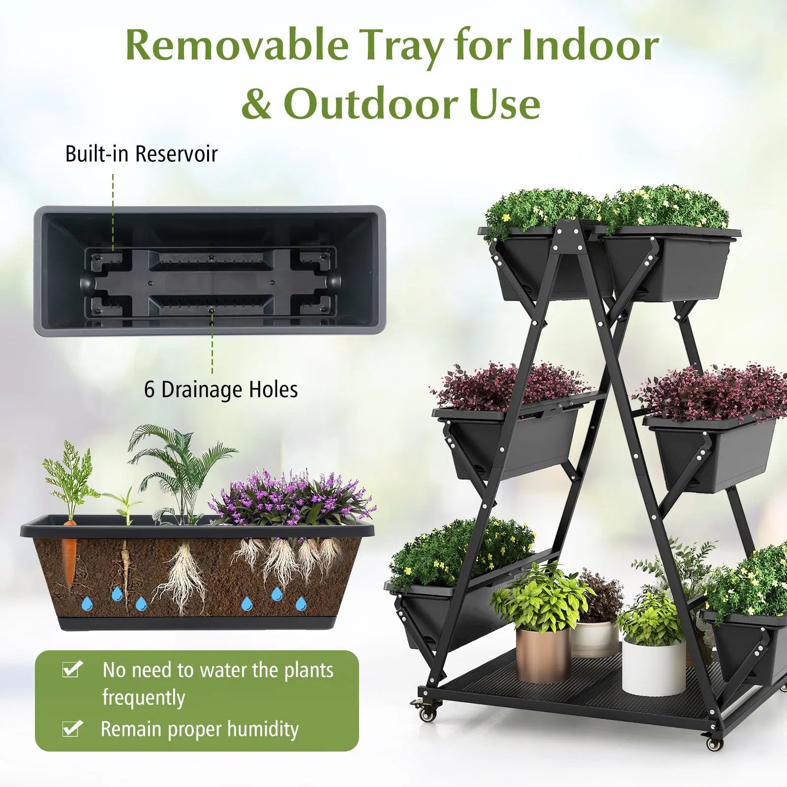3-Tier Vertical Raised Garden Bed with 4 Wheels and 6 Container Boxes-Black DirectDeals