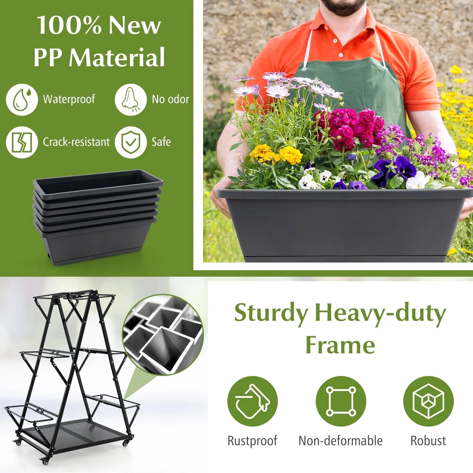 3-Tier Vertical Raised Garden Bed with 4 Wheels and 6 Container Boxes-Black DirectDeals