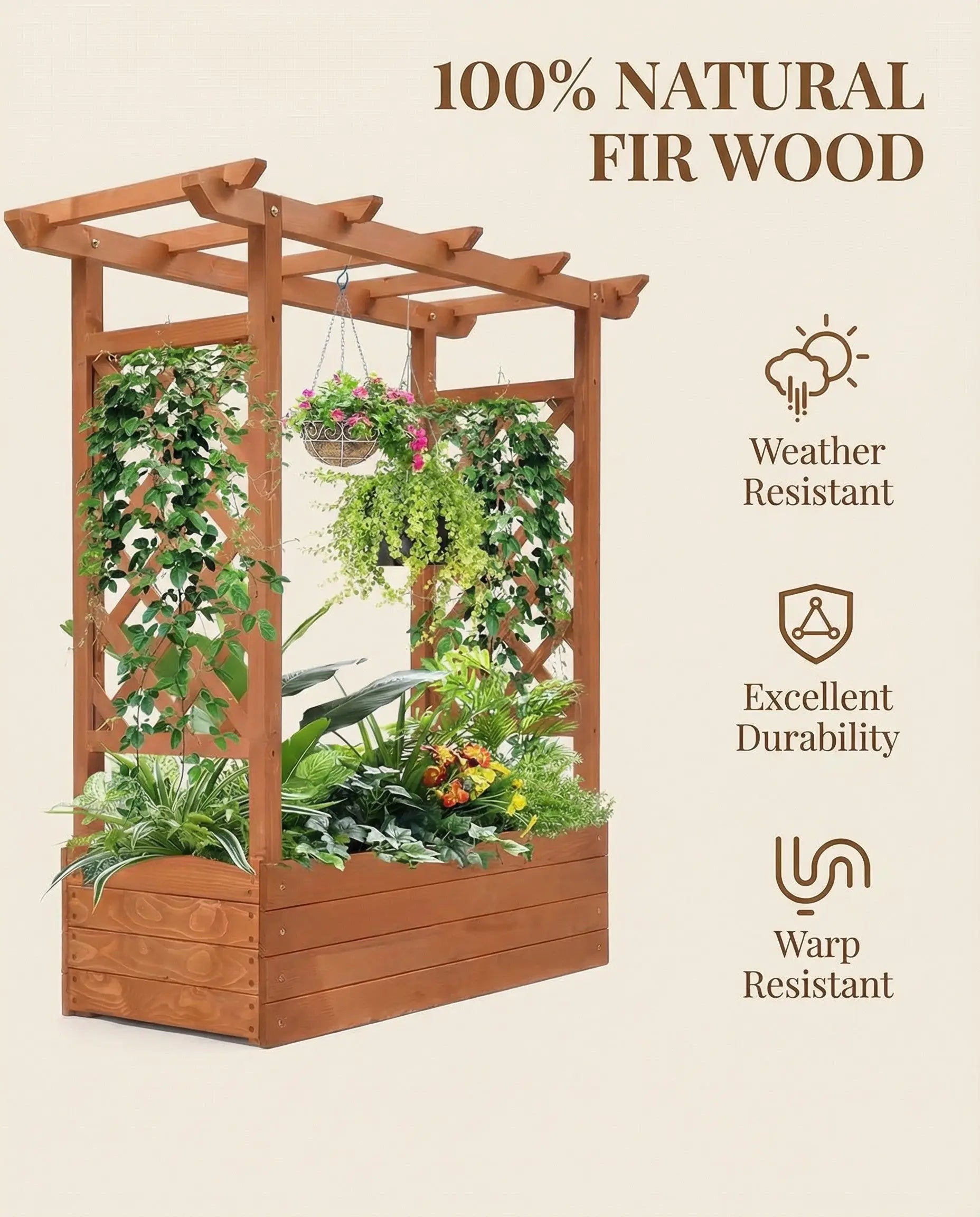 Raised Wooden Planter Box with Tall Trellis for Climbing Plants 2Dropme