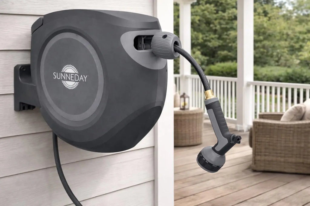 Sunneday Retractable Hose Reel | 100 ft | Auto Rewind | 180° Swivel Wall Mount | Black/Gray | 1/2" & 5/8" - Sunneday LLC