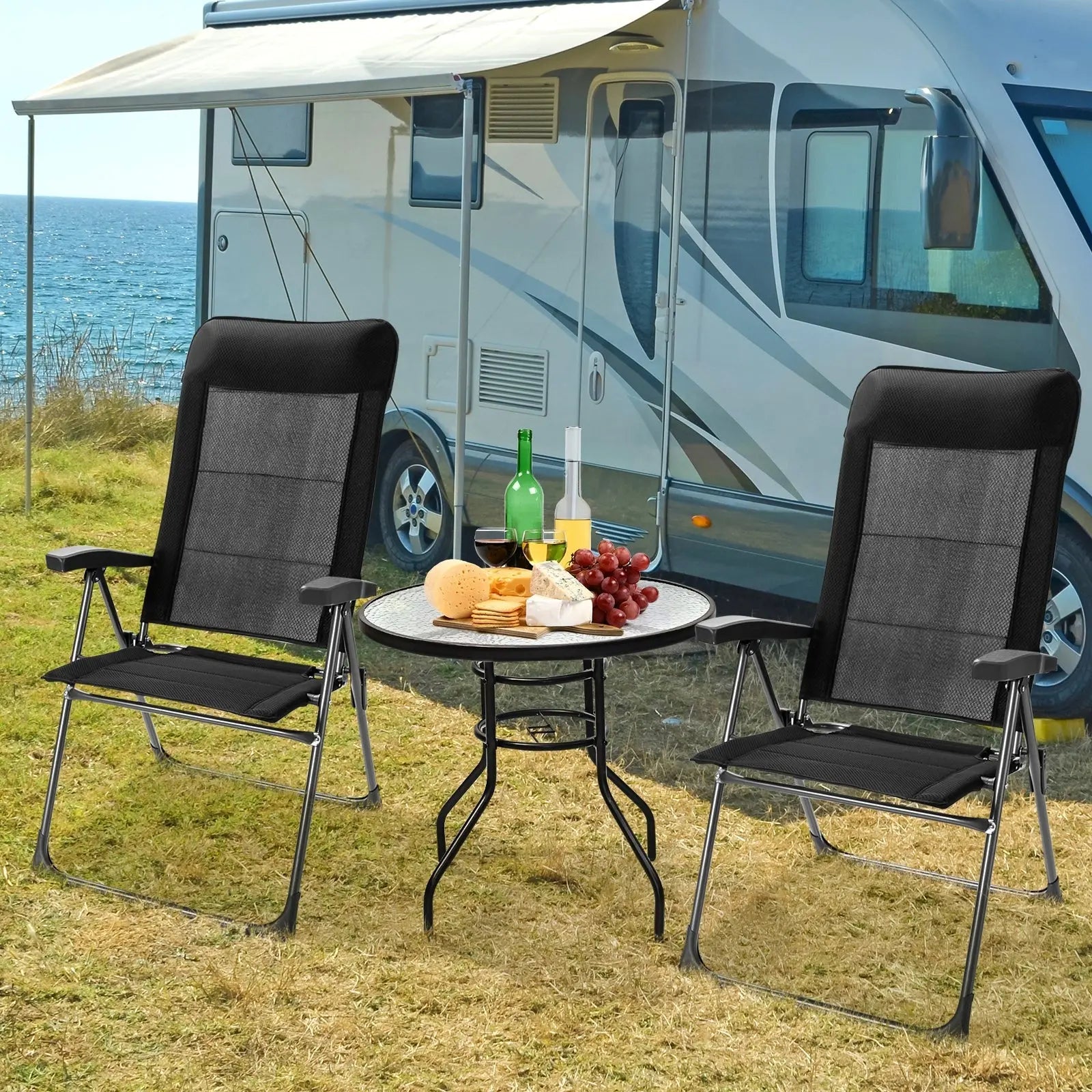 2 Pcs Portable Patio Folding Dining Chairs with Headrest Adjust for Camping -Black DirectDeals