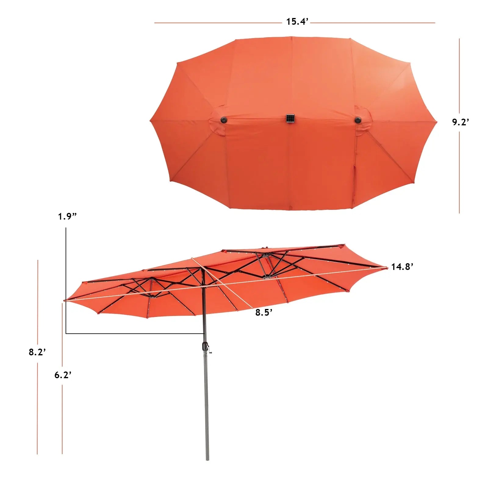 15 Feet Twin Patio Umbrella with 48 Solar LED Lights-Orange DirectDeals