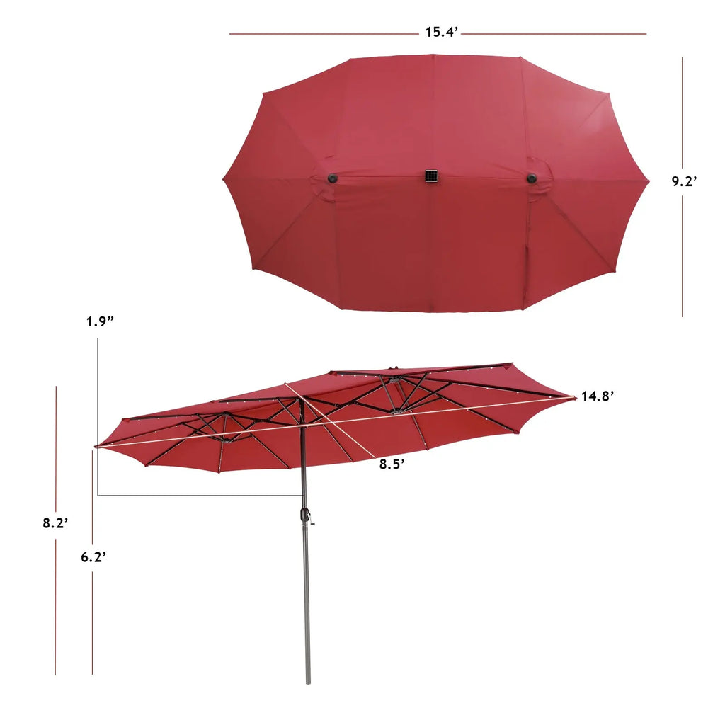 15 Feet Twin Patio Umbrella with 48 Solar LED Lights-Dark Red DirectDeals