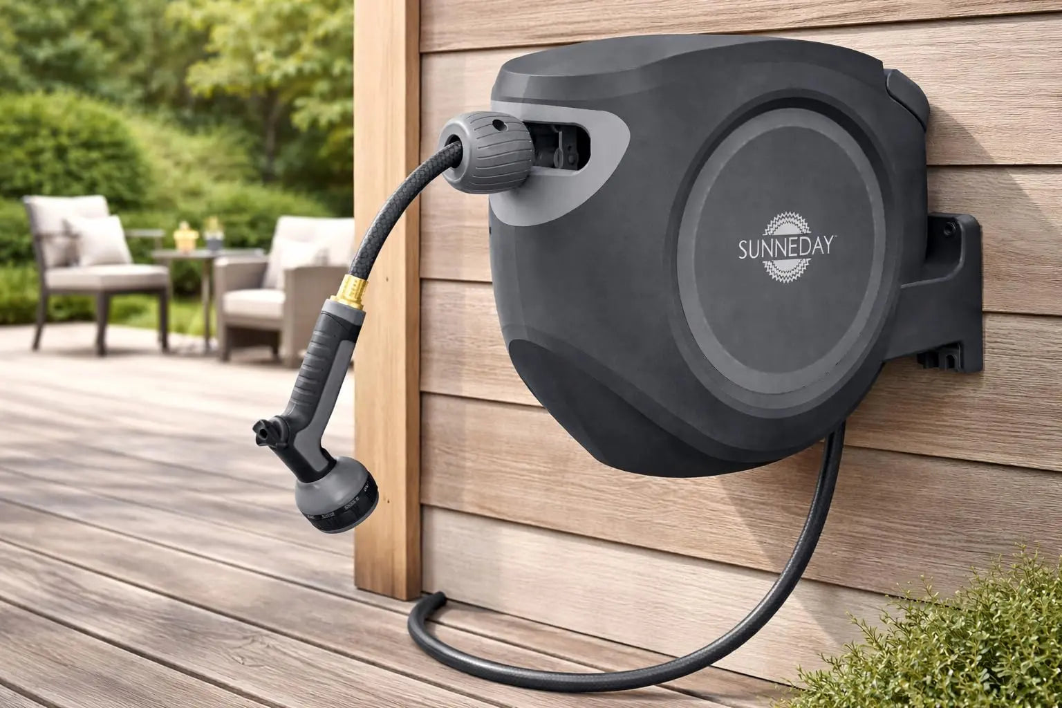 Sunneday Retractable Hose Reel | 100 ft | Auto Rewind | 180° Swivel Wall Mount | Black/Gray | 1/2" & 5/8" - Sunneday LLC