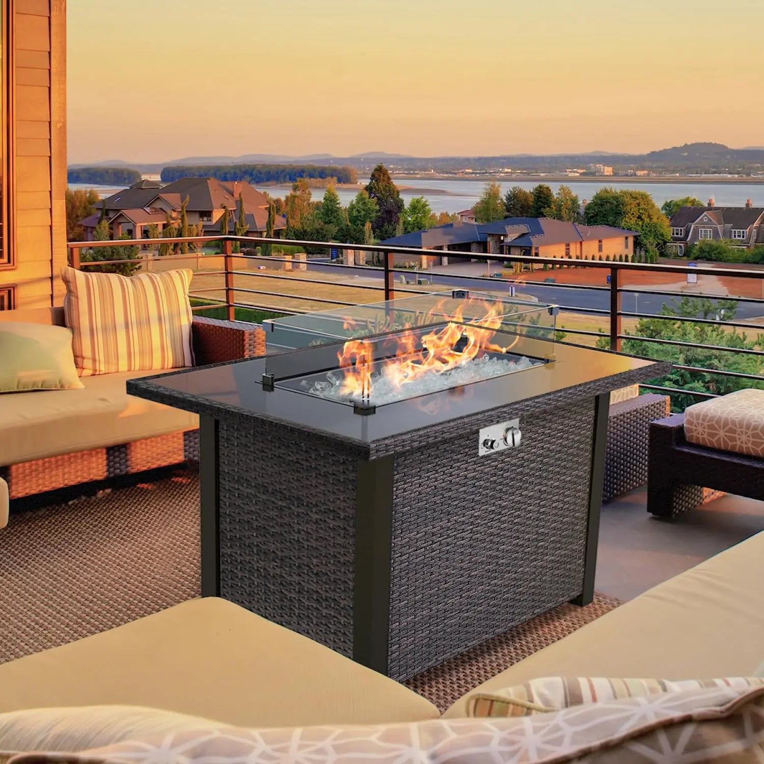 Wicker-Woven Propane Gas Fire Pit Table 44" | Outdoor Propane Fire Pit Tables for Outside Patio 50000 BTU | CSA Approved Rectangular Fire Pit Table | Balcony, Backyard & Garden Outdoor Firepit Table Sunneday