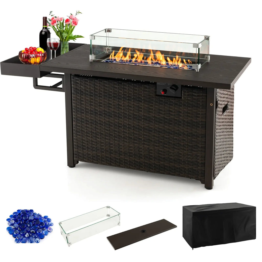 52 Inches Outdoor Wicker Gas Fire Pit Propane Fire Table with Cover-Brown DirectDeals