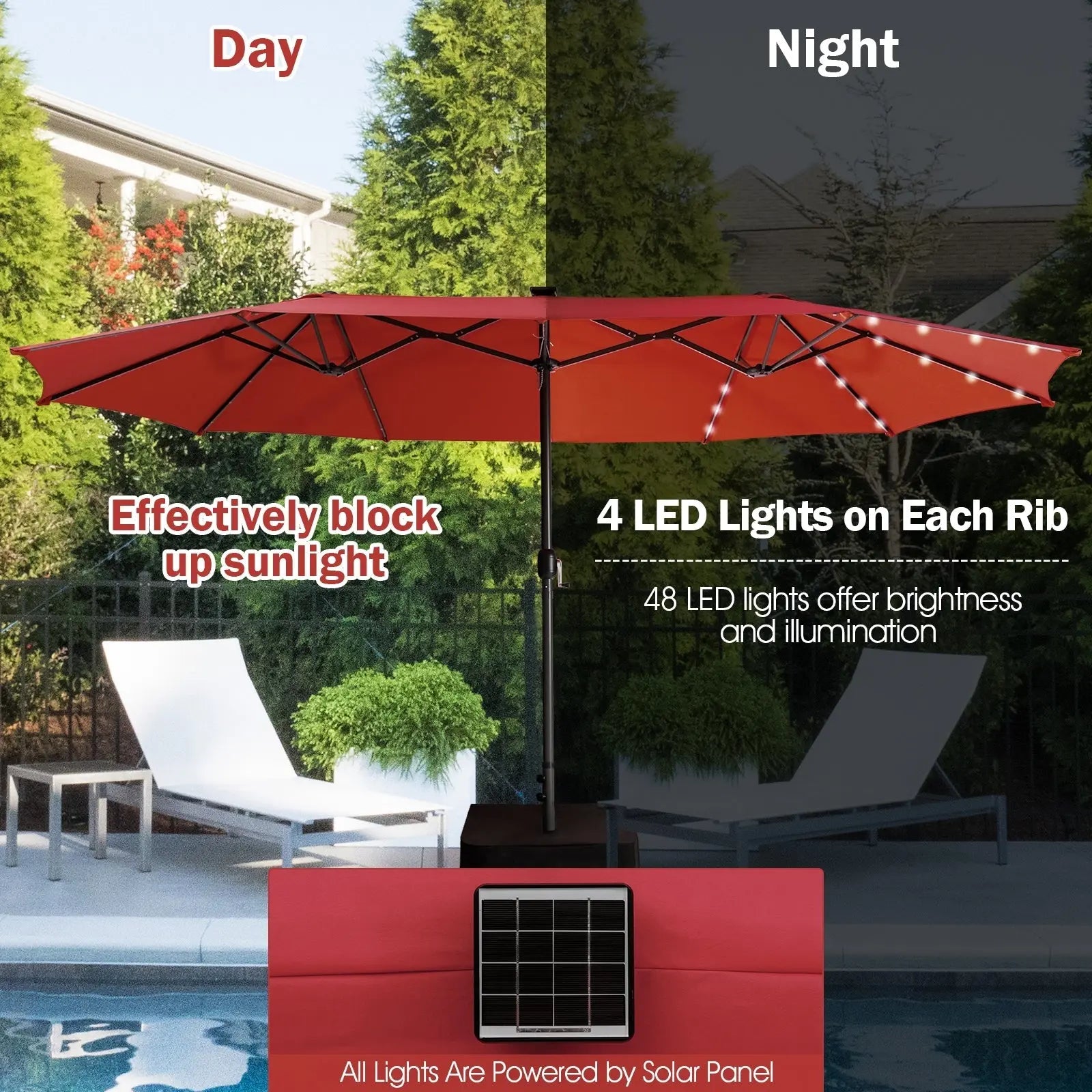15 Feet Twin Patio Umbrella with 48 Solar LED Lights-Dark Red DirectDeals