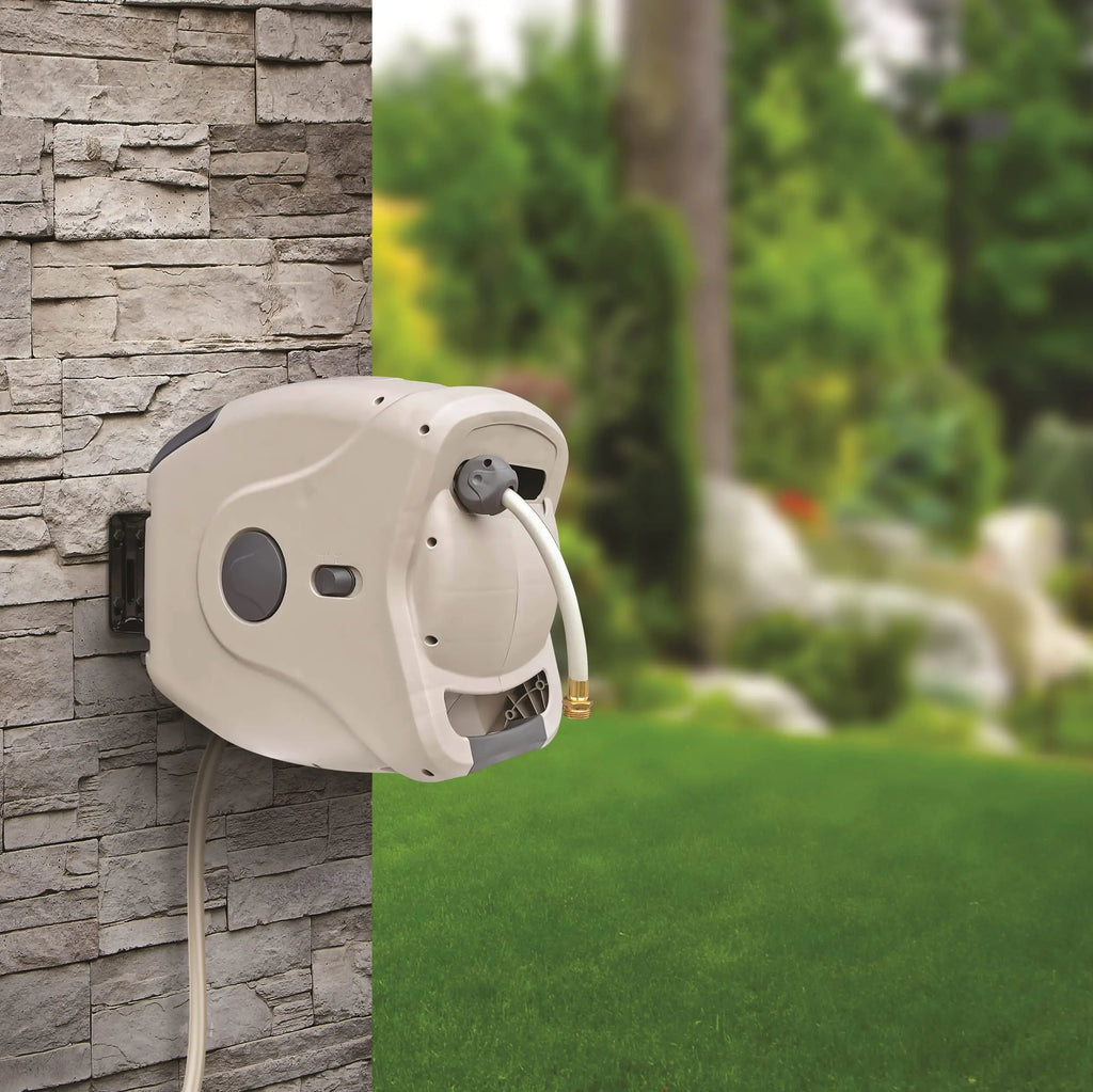 Sunneday Retractable Hose Reel | Auto Rewind | 180° Swivel Wall Mount | 100ft 5/8" & 130ft 1/2" | Charcoal & Off White - Sunneday LLC