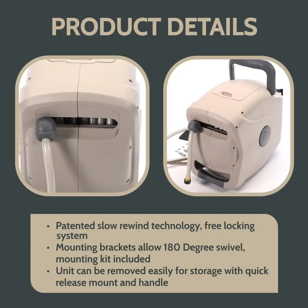 Sunneday XW-30B retractable hose reel 100 ft 5/8 inch off white grey - accessories and specs