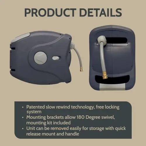 Sunneday Retractable Hose Reel | Auto Rewind | 180° Swivel Wall Mount | 100ft 5/8" & 130ft 1/2" | Charcoal & Off White - Sunneday LLC