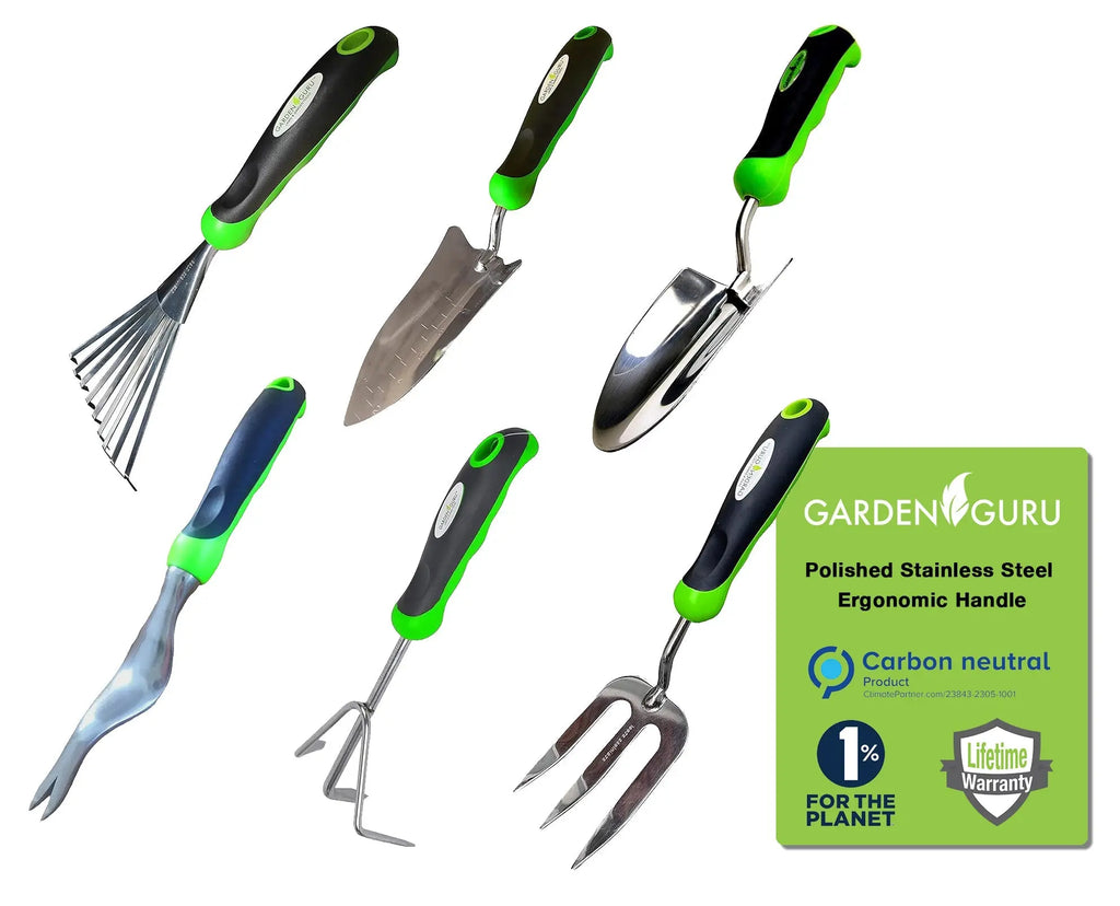 Stainless Steel 6pc Gardening Tool Set (Includes Trowel Transplanter Rake Weeder Cultivator Fork) Garden Guru