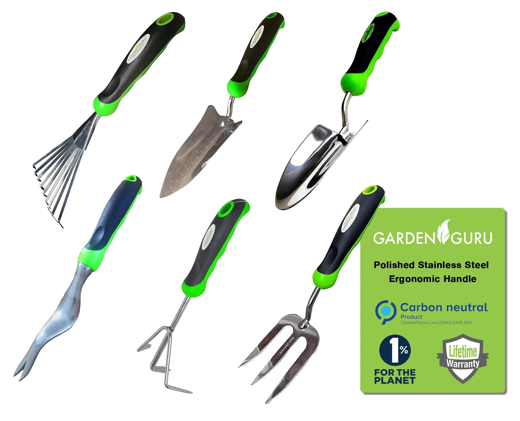 Stainless Steel 6pc Gardening Tool Set (Includes Trowel Transplanter Rake Weeder Cultivator Fork) Garden Guru