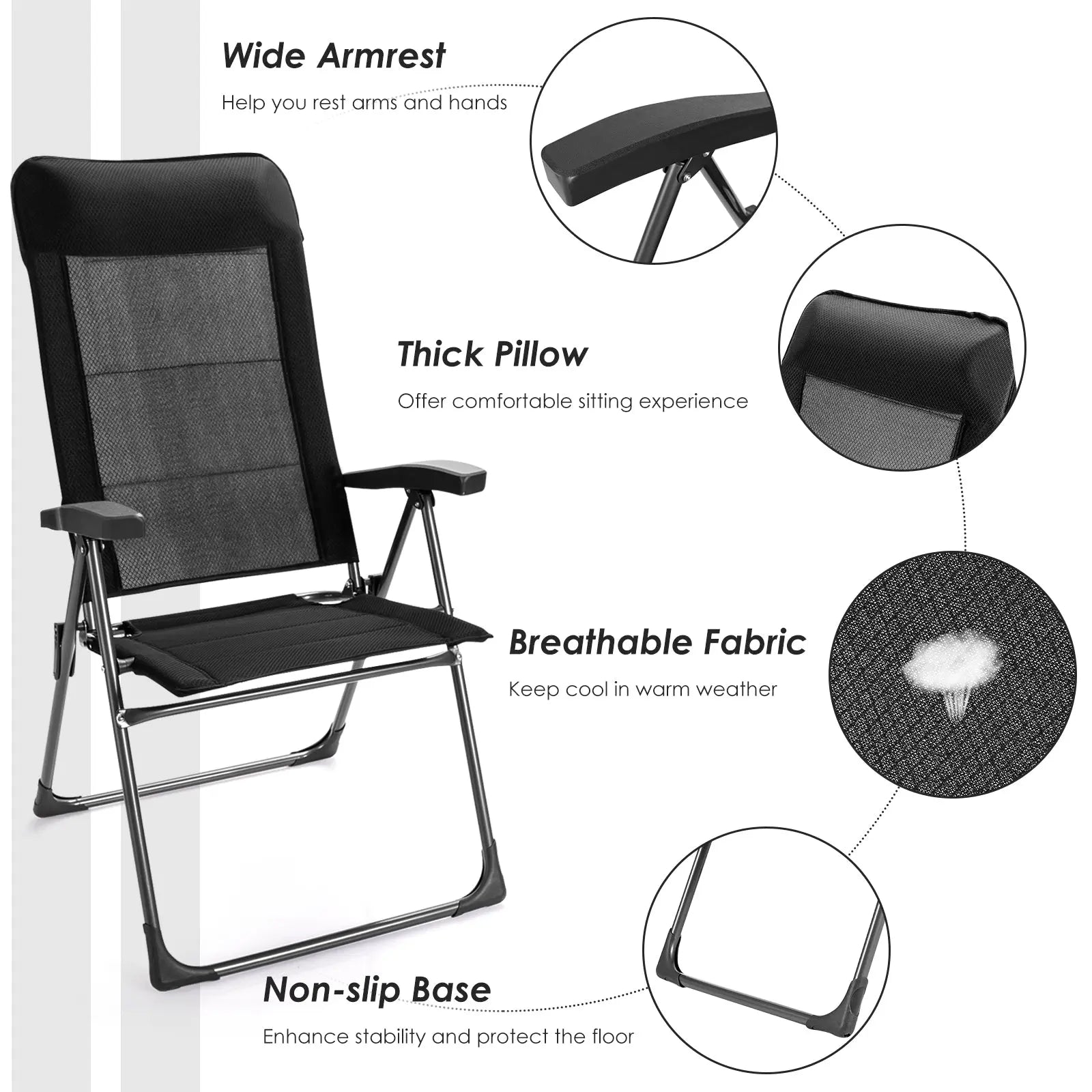 2 Pcs Portable Patio Folding Dining Chairs with Headrest Adjust for Camping -Black DirectDeals