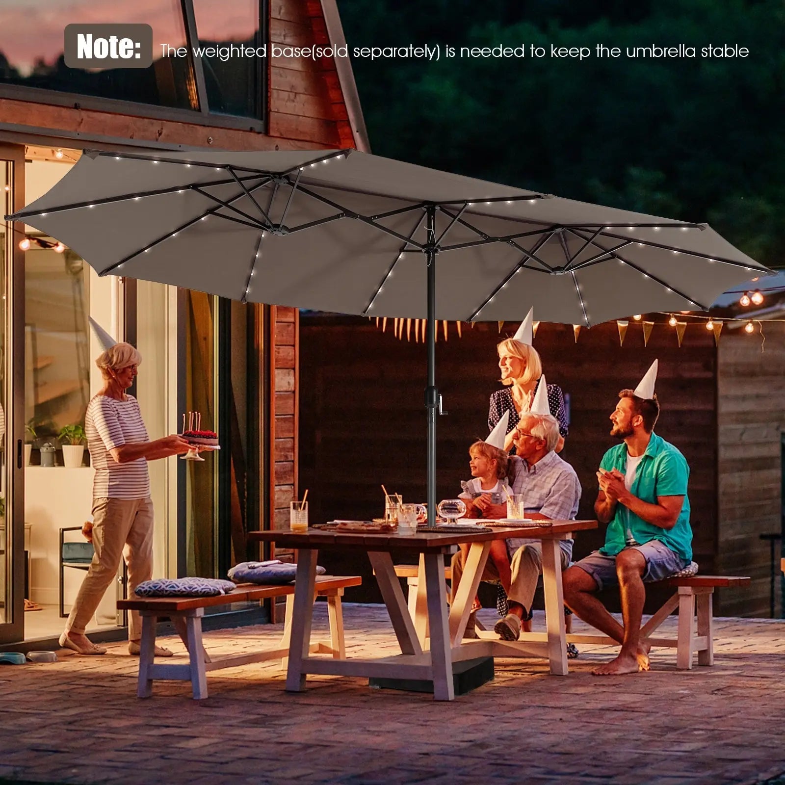 15 Feet Twin Patio Umbrella with 48 Solar LED Lights-Light Brown DirectDeals