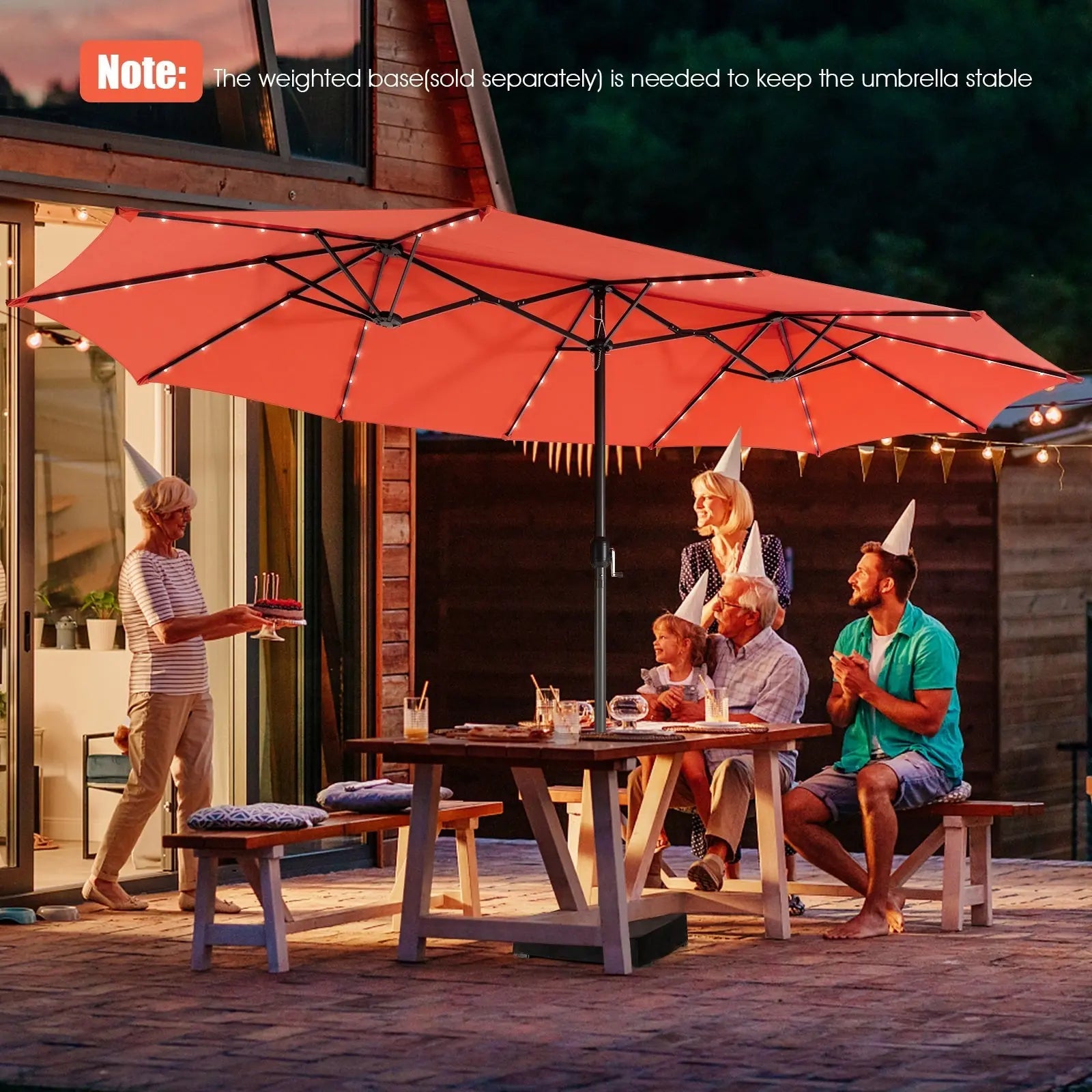 15 Feet Twin Patio Umbrella with 48 Solar LED Lights-Orange DirectDeals