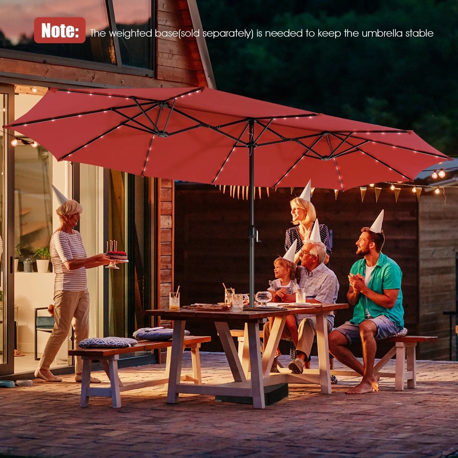 15 Feet Twin Patio Umbrella with 48 Solar LED Lights-Dark Red DirectDeals