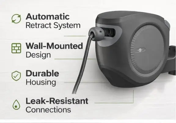 Sunneday Retractable Hose Reel | 75 ft 1/2" | Auto Rewind | 180° Swivel Wall Mount | Multi-Pattern Nozzle | Black/Gray - Sunneday LLC