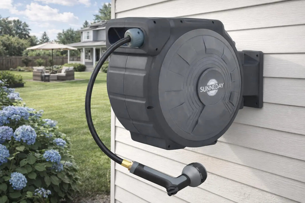 Sunneday Retractable Hose Reel | Automatic Retractable Hose Reel w/Wall Mount | Easy to Assemble Water Hose Reel w/Flexible Swivel Mount | Retractable Garden Hose Reel (100ft. 5/8", 100ft. 1/2", 75ft. 1/2"Gray/Dark Grey) Sunneday