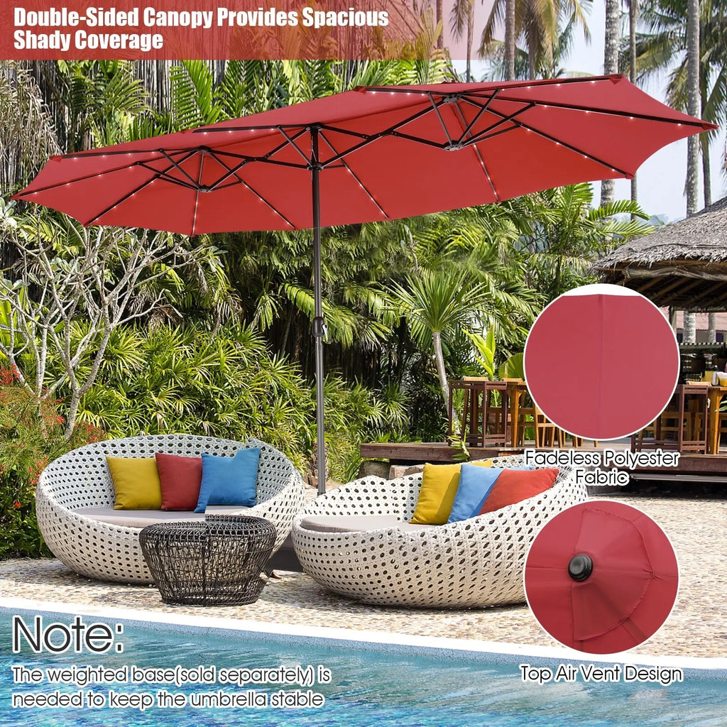 15 Feet Twin Patio Umbrella with 48 Solar LED Lights-Dark Red DirectDeals
