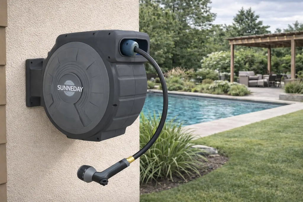 Sunneday Retractable Hose Reel | Automatic Retractable Hose Reel w/Wall Mount | Easy to Assemble Water Hose Reel w/Flexible Swivel Mount | Retractable Garden Hose Reel (100ft. 5/8", 100ft. 1/2", 75ft. 1/2"Gray/Dark Grey) Sunneday