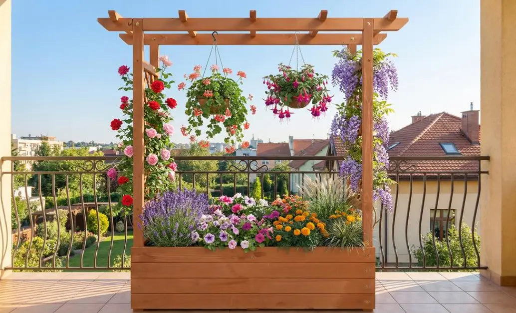 Raised Wooden Planter Box with Tall Trellis for Climbing Plants 2Dropme