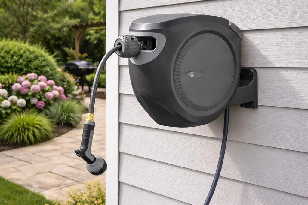 Sunneday Retractable Hose Reel | 75 ft 1/2" | Auto Rewind | 180° Swivel Wall Mount | Multi-Pattern Nozzle | Black/Gray - Sunneday LLC