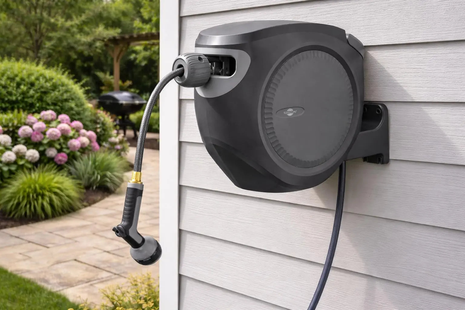 Sunneday Retractable Hose Reel | 75 ft 1/2" | Auto Rewind | 180° Swivel Wall Mount | Multi-Pattern Nozzle | Black/Gray - Sunneday LLC