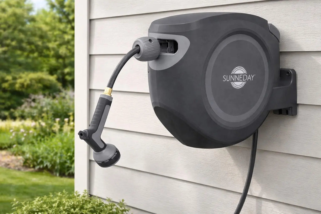 Sunneday SW-30B 100ft Retractable Hose Reel 5/8 | Automatic Retractable w/Wall Mount | Easy to Assemble Reel w/Flexible Swivel Mount Sunneday