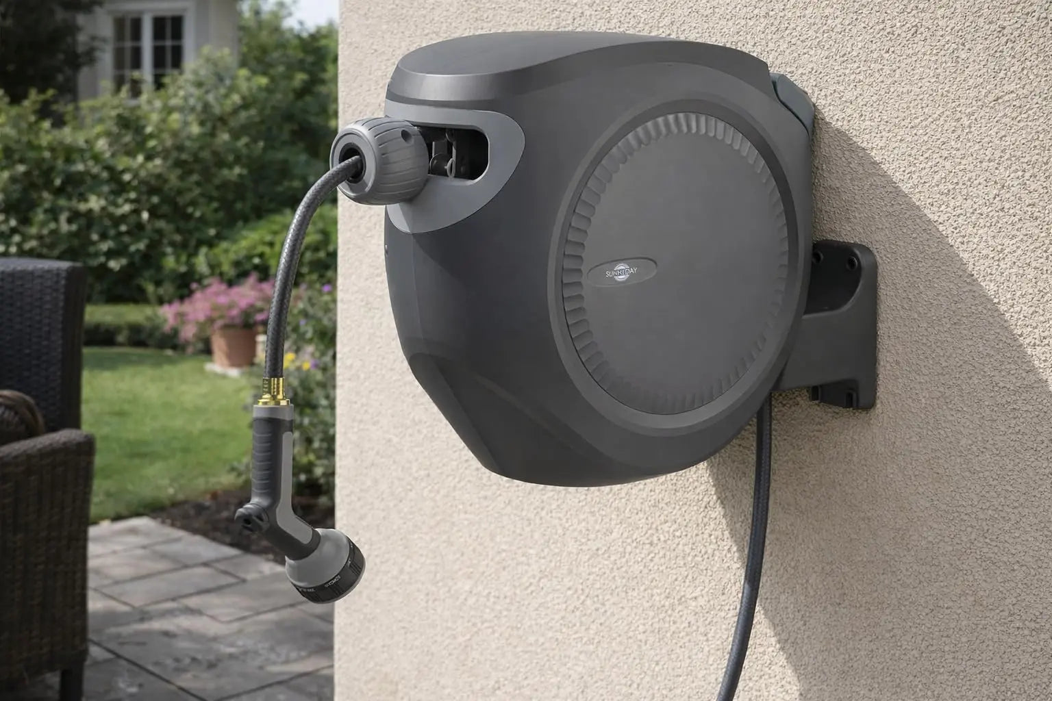 Sunneday Retractable Hose Reel | 75 ft 1/2" | Auto Rewind | 180° Swivel Wall Mount | Multi-Pattern Nozzle | Black/Gray - Sunneday LLC