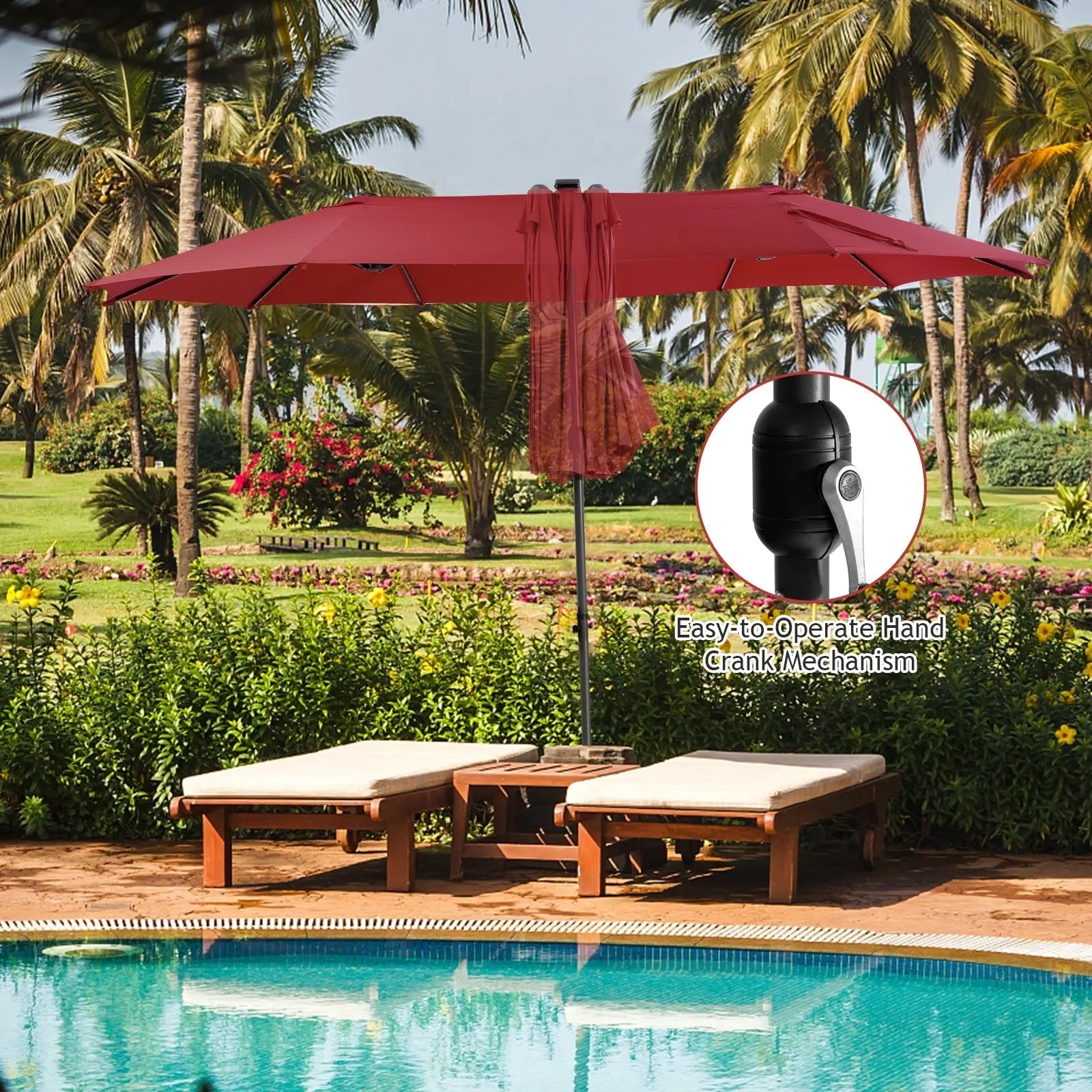15 Feet Twin Patio Umbrella with 48 Solar LED Lights-Dark Red DirectDeals