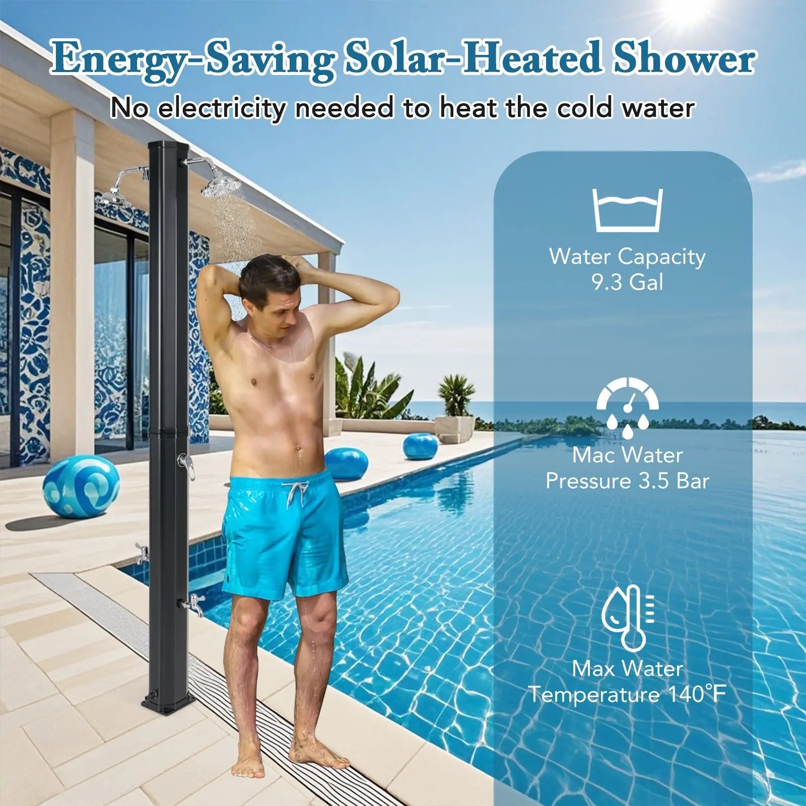 9.3 Gallon Solar Heated Outdoor Shower with Dual Shower Heads-Black DirectDeals